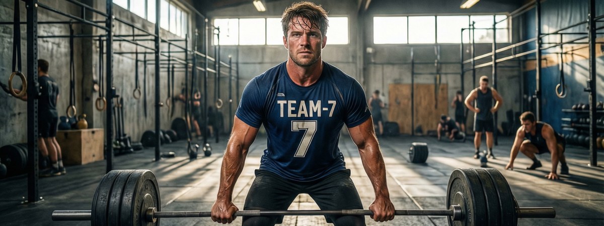 Caucasian European-American male athlete wearing a custom numbered team t-shirt training with a barbell inside a CrossFit box gym