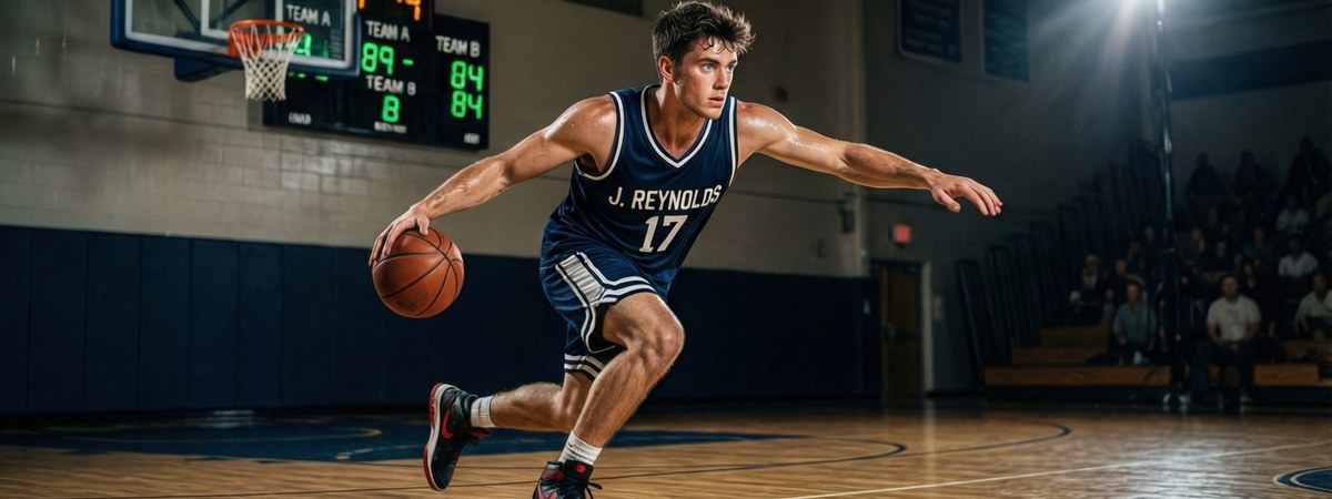 Caucasian European-American male basketball player wearing a custom name-and-number team t-shirt jersey mid-dribble on an indoor court