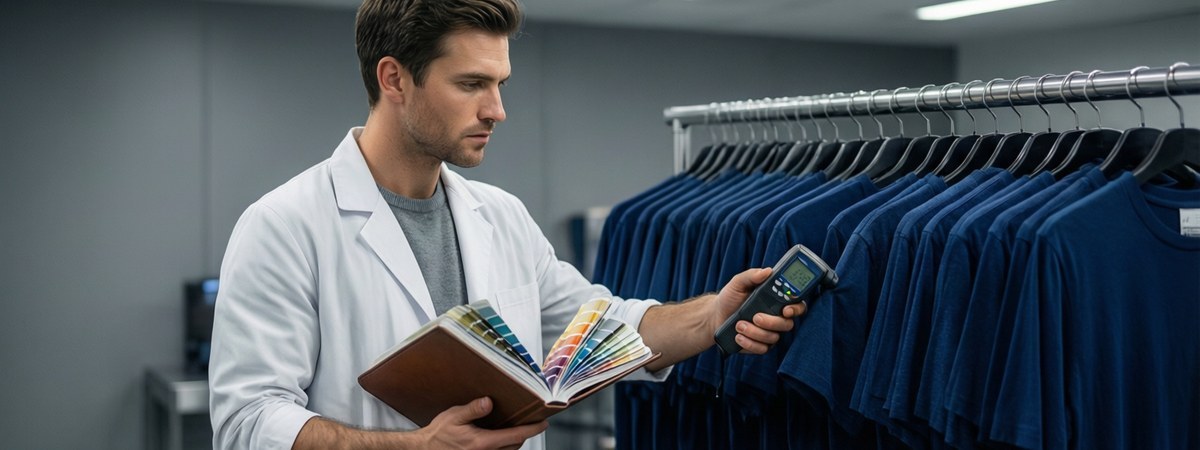 Caucasian European-American male quality-control specialist holding a Pantone swatch book next to rows of identical custom team t-shirts in one brand color on a quality control table