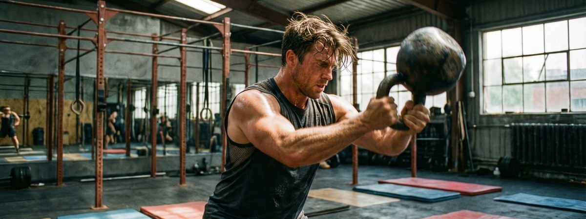 Caucasian European-American male athlete wearing a custom sleeveless training tank top performing a kettlebell swing during a CrossFit WOD inside a CrossFit box gym