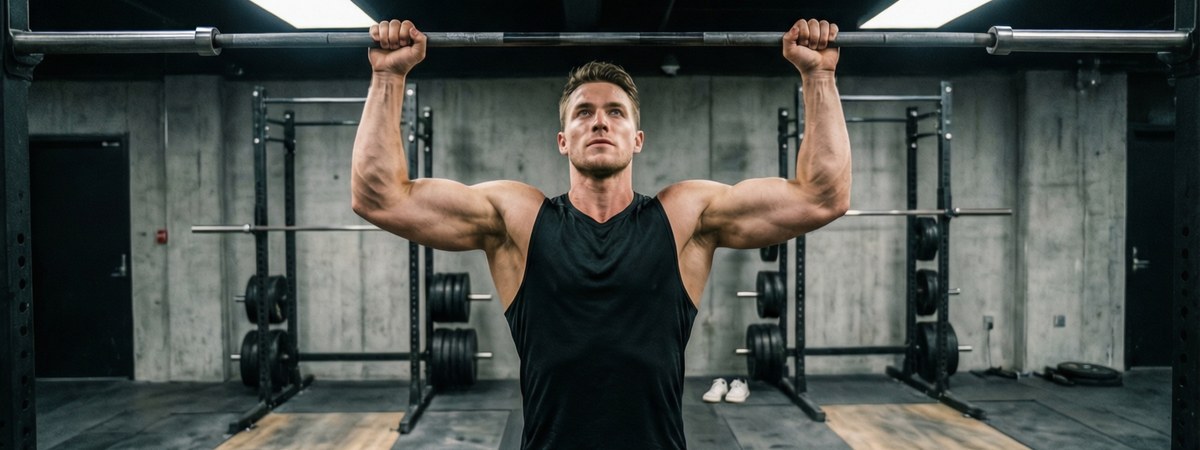 Caucasian European-American male athlete wearing a custom athletic tank top performing a pull-up with arms overhead showing a deep drop armhole and full shoulder range of motion