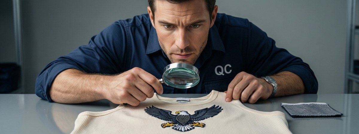 Caucasian European-American male apparel technician inspecting a custom tank top on a quality control table, close-up of an embroidered chest logo and fine performance knit texture with a magnifier and fabric swatch