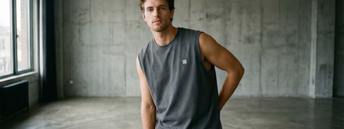 Caucasian European-American male model wearing a relaxed boxy-fit streetwear tank top in washed charcoal with dropped shoulders, standing in a minimal urban studio