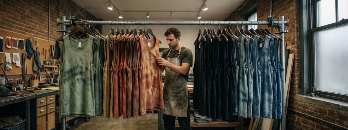 Caucasian European-American male technician inspecting garment-dyed streetwear tank tops in muted vintage tones such as sage, clay, off-black and washed blue hanging on a workshop rack