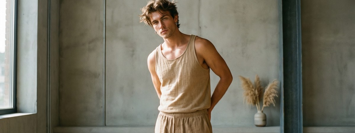 Caucasian European-American male model wearing a coordinated streetwear set of a relaxed sand colored tank top paired with matching relaxed shorts in a minimal urban studio
