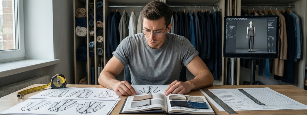 Caucasian European-American male technical designer reviewing a tech pack with flat garment sketches, a fabric GSM swatch book, a POM measurement chart and a measuring tape laid out on a work table