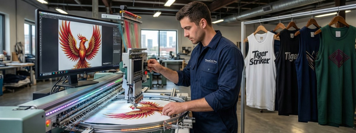 Caucasian European-American male technician operating an embroidery machine with printed vector artwork on a monitor, custom training tanks hanging on a rack in an apparel workshop