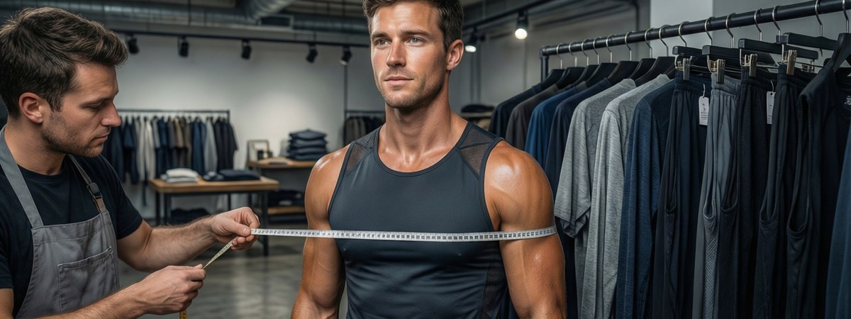 Caucasian European-American male model wearing a custom training tank top while a technician measures his chest with a tape measure for a fit sample check, size-set samples on a rack behind