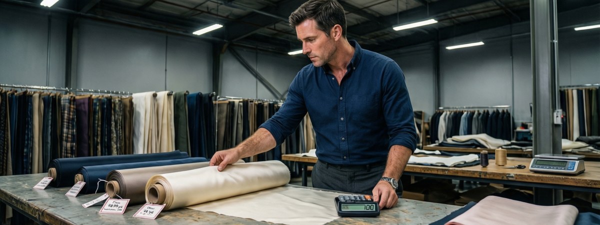Caucasian European-American male buyer reviewing fabric rolls with price and MOQ tags and a calculator on a work table, planning a custom tank top order