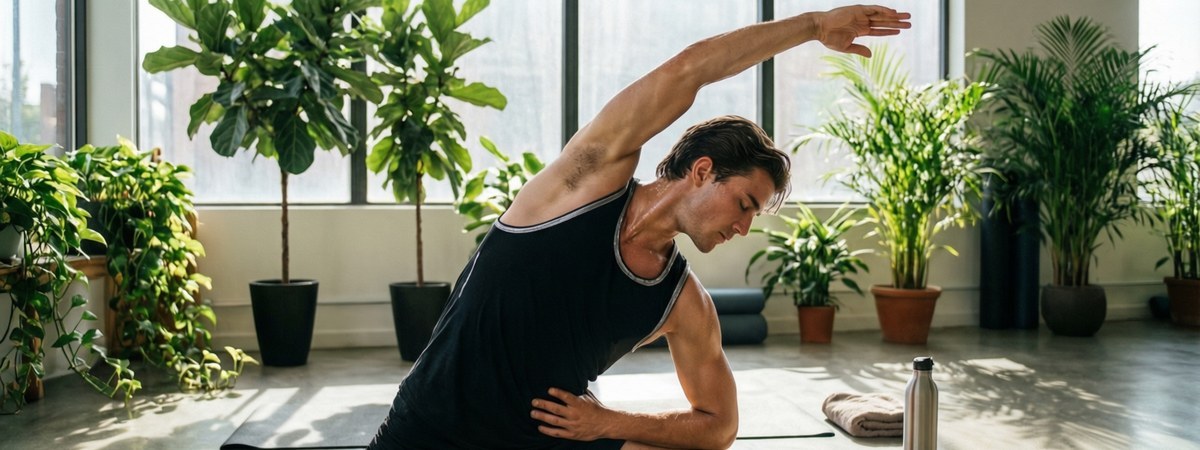 Caucasian European-American male athlete wearing a custom tank top in a yoga stretch pose in a bright sunlit studio with plants, demonstrating lifestyle and training use