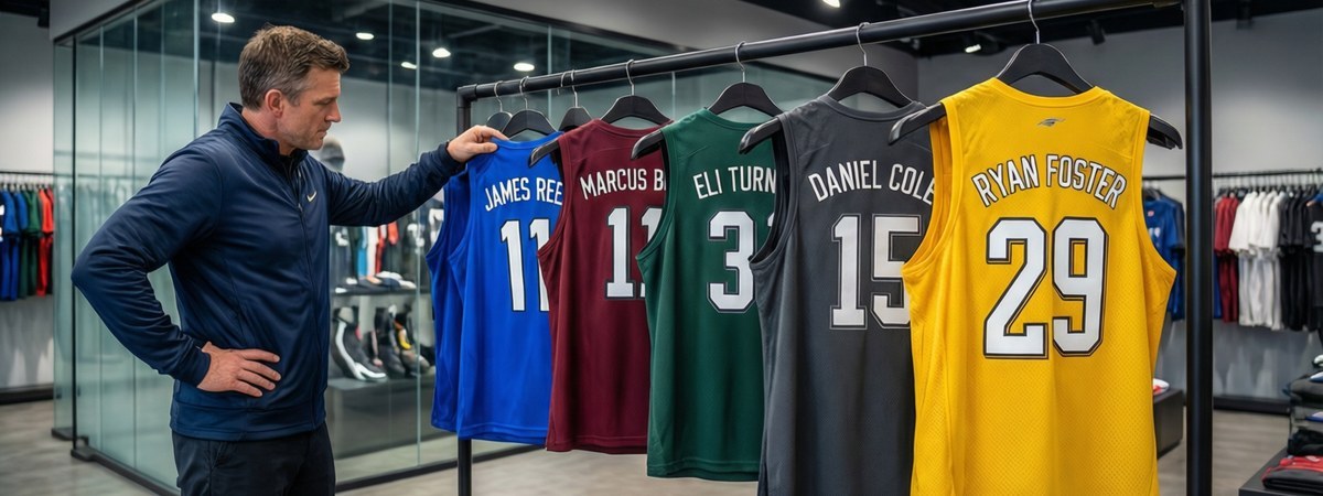 Caucasian European-American male coach reviewing a rack of custom team tank tops each printed with a different large player number and name in a teamwear showroom