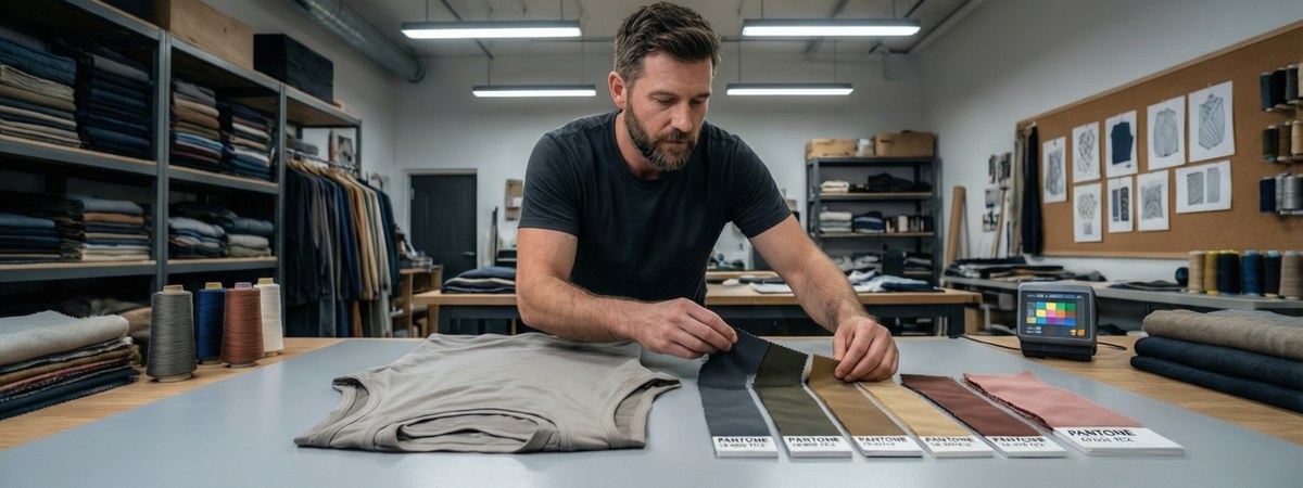 Caucasian European-American male designer comparing Pantone color swatch cards against a custom tank top on a work table in an apparel workshop