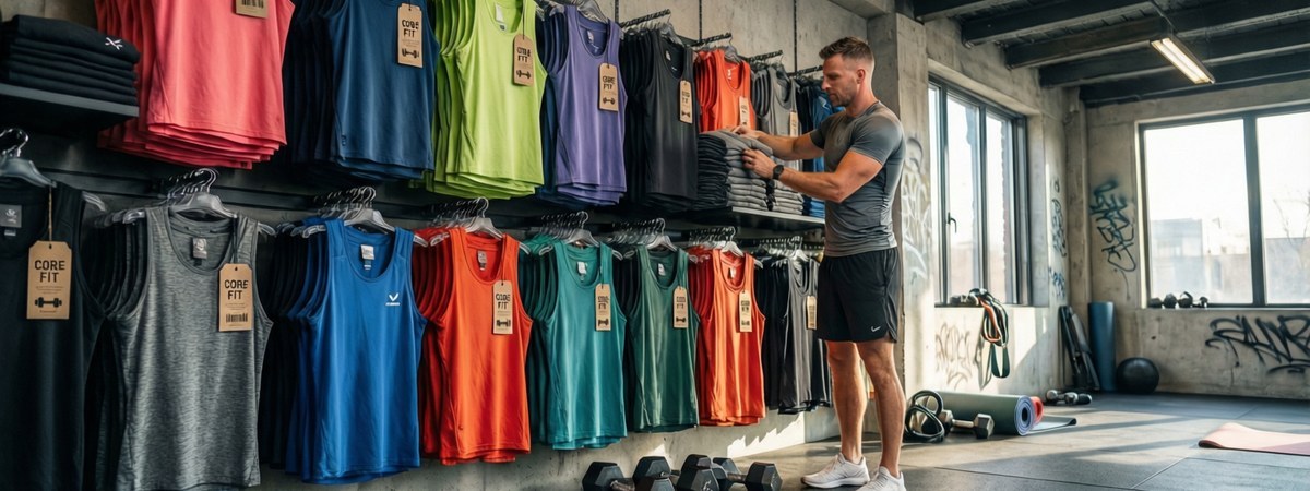 Caucasian European-American male gym owner arranging a retail wall of folded and hung branded custom tank tops with chest logos and custom hangtags