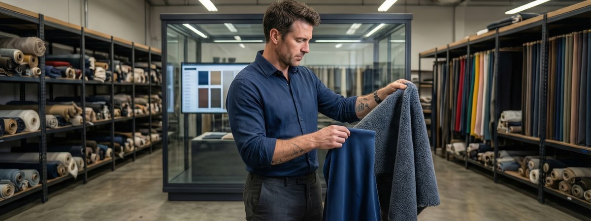Caucasian European-American male product developer comparing a smooth performance polyester knit panel with a soft brushed-back fleece panel in an apparel fabric library
