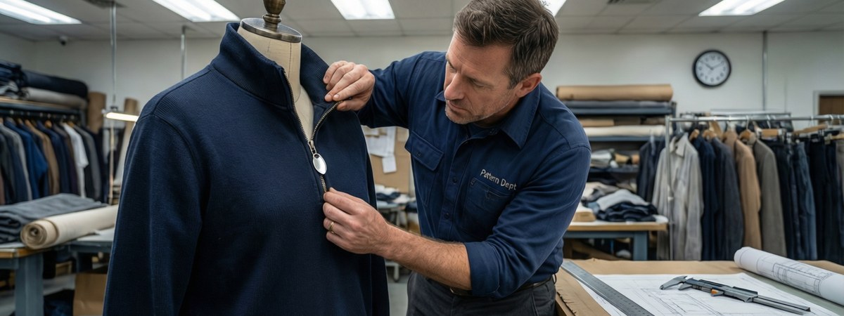 Caucasian European-American male pattern maker inspecting the stand collar, YKK metal zipper and weighted zip pull of a quarter-zip pullover on a mannequin in a workshop