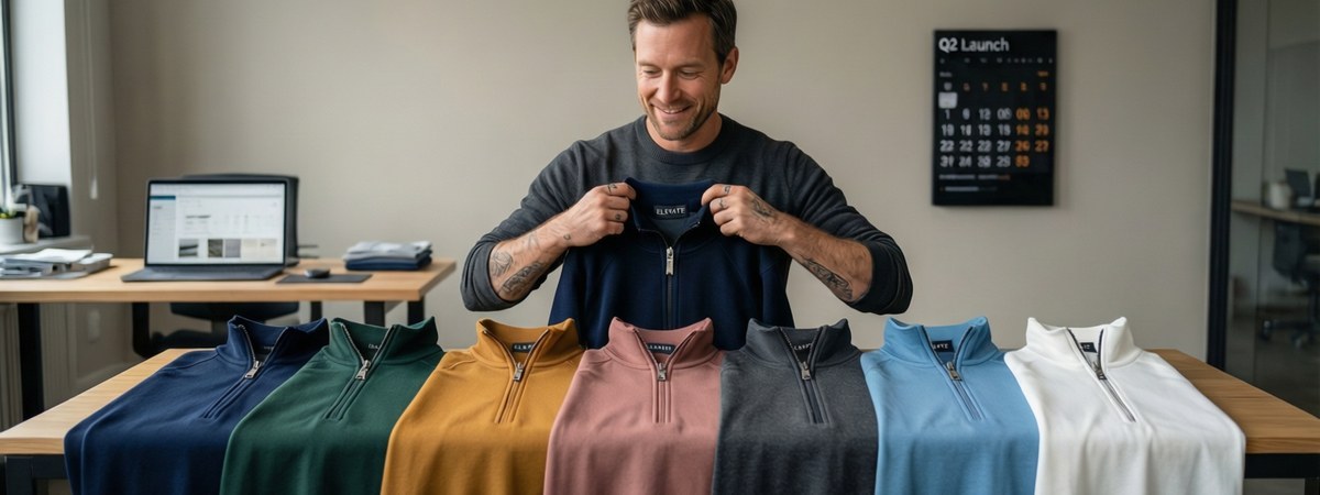 Caucasian European-American male founder holding up a custom quarter-zip pullover fitted with a branded metal zip pull and small woven label on a sampling table