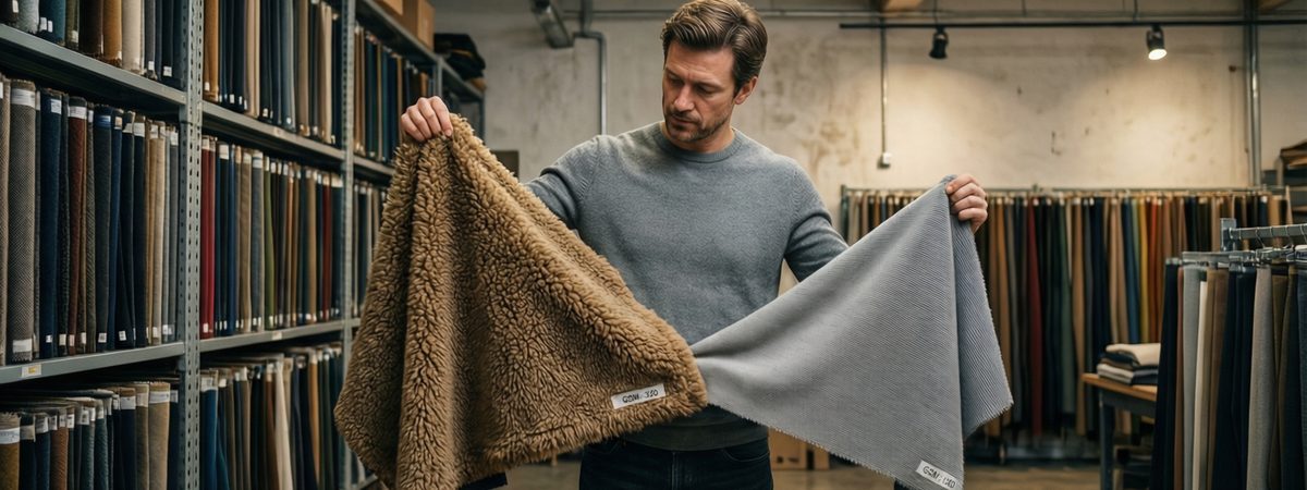 Caucasian European-American male fabric developer comparing lightweight, midweight and heavyweight brushed fleece swatches by GSM and loft in an apparel material library