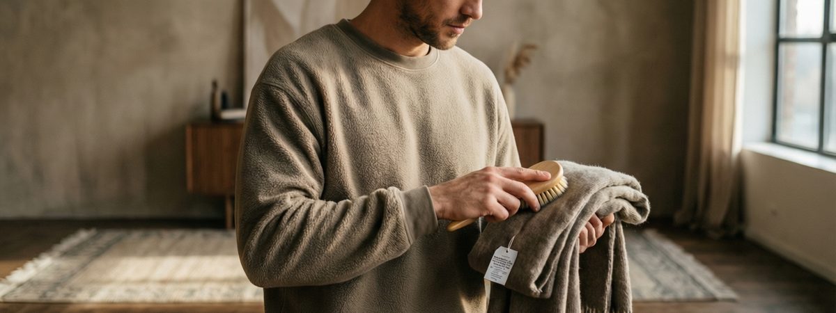 Caucasian European-American male founder holding a brushed-fleece pullover sample with an embroidered logo and a woven care label on a sampling table