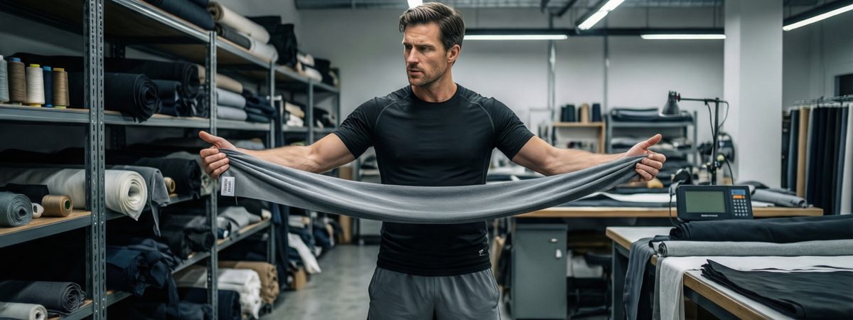 Caucasian European-American male product developer stretching a polyester-spandex training knit swatch to show four-way stretch and moisture-wicking fibres in an activewear fabric studio
