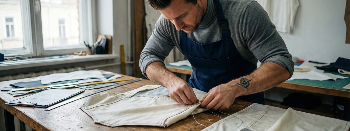 Caucasian European-American male pattern technician pinning a raglan sleeve into a long-sleeve training top block with a flatlock seam being sewn on a sample at an apparel atelier