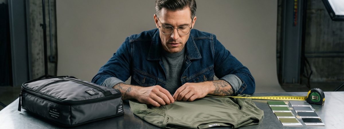 Caucasian European-American male designer reviewing a tech pack and a long-sleeve training top sample with thumb holes and laser-cut underarm mesh, measuring tape and Pantone chips on the table