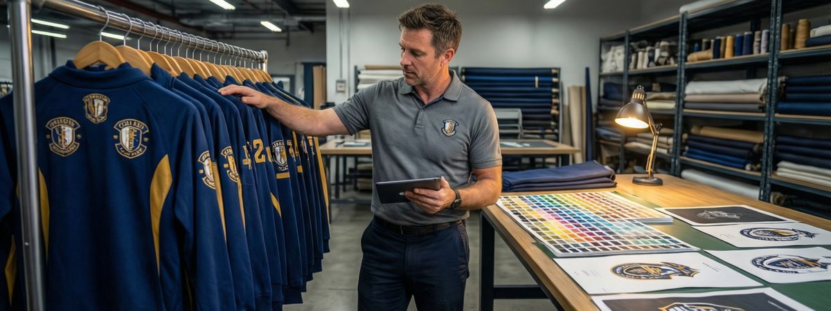 Caucasian European-American male production manager reviewing team pullovers in matching club colours with sublimated logos and player names, Pantone chips and vector artwork sheets on the table