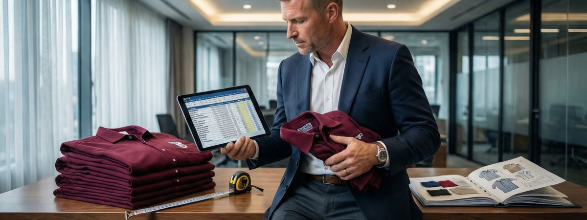 Caucasian European-American male team manager holding a roster spreadsheet with names, numbers and size runs next to a stack of folded team pullovers in multiple sizes