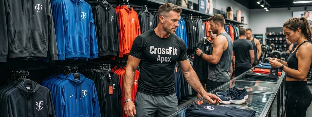 Caucasian European-American male coach standing at the retail counter of a CrossFit gym club store selling branded pullovers and hoodies with club logos on the shelves behind him
