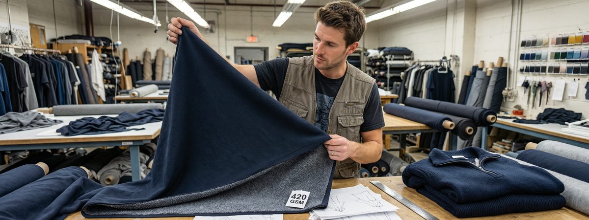 Caucasian European-American male product developer holding a heavyweight French terry knit swatch showing the looped brushed interior and smooth exterior face with a GSM weight tag in a streetwear fabric studio