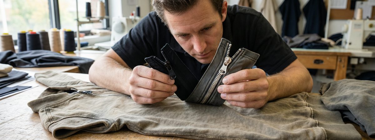 Caucasian European-American male designer comparing a matte black YKK zipper and a shiny nickel YKK zipper on two quarter-zip samples with a garment-washed pigment-dyed pullover in muted olive tone on the worktable