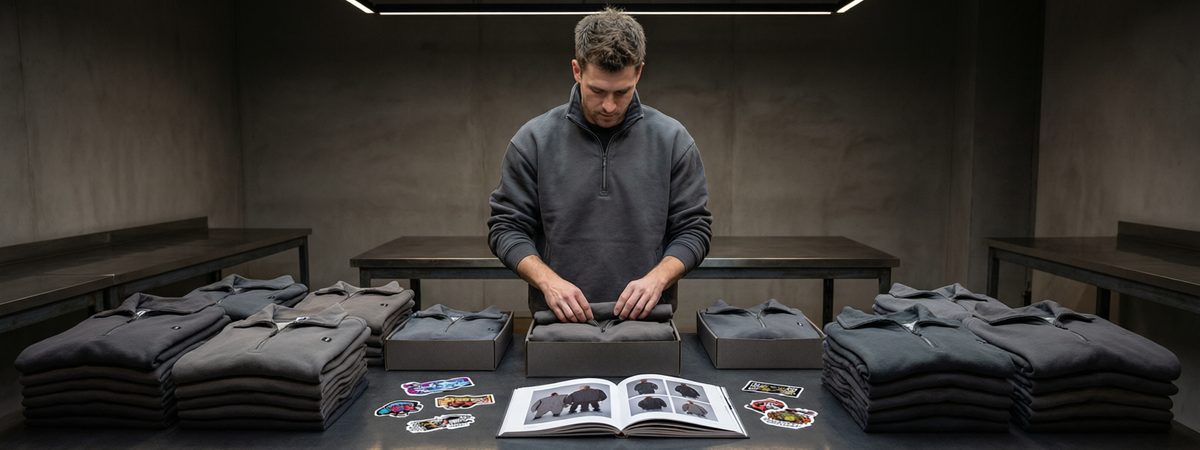 Caucasian European-American male streetwear brand owner packing a small numbered drop of heavyweight quarter-zip pullovers in matching set colours with the same fabric and dye tone, limited release stickers and a lookbook on the table