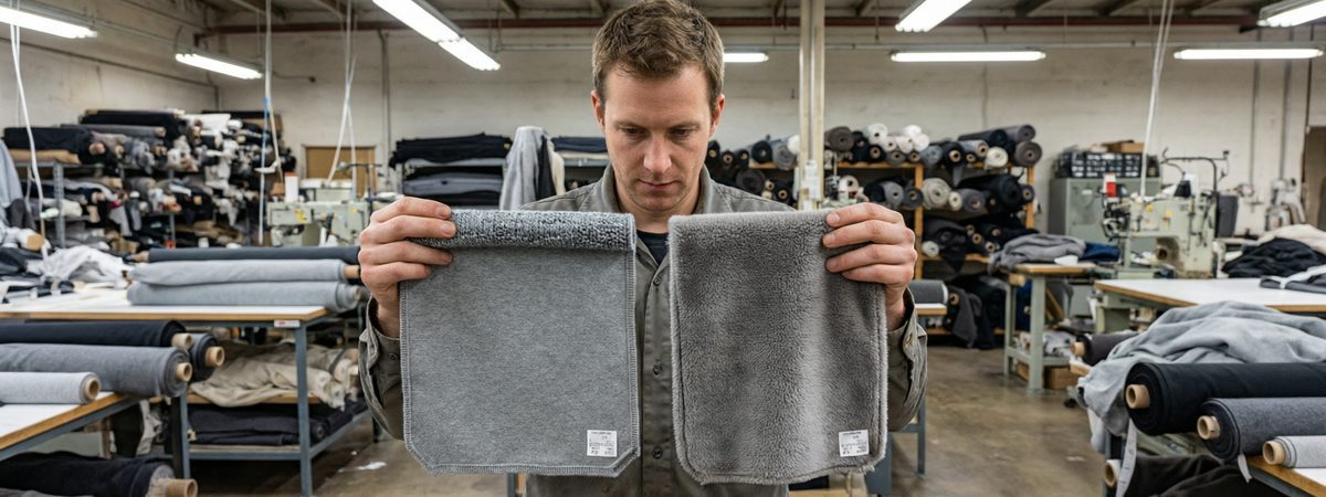 Caucasian European-American male product developer holding two knit swatches side by side: a French terry with looped unbrushed interior and a brushed fleece with plush napped interior, GSM weight tags visible