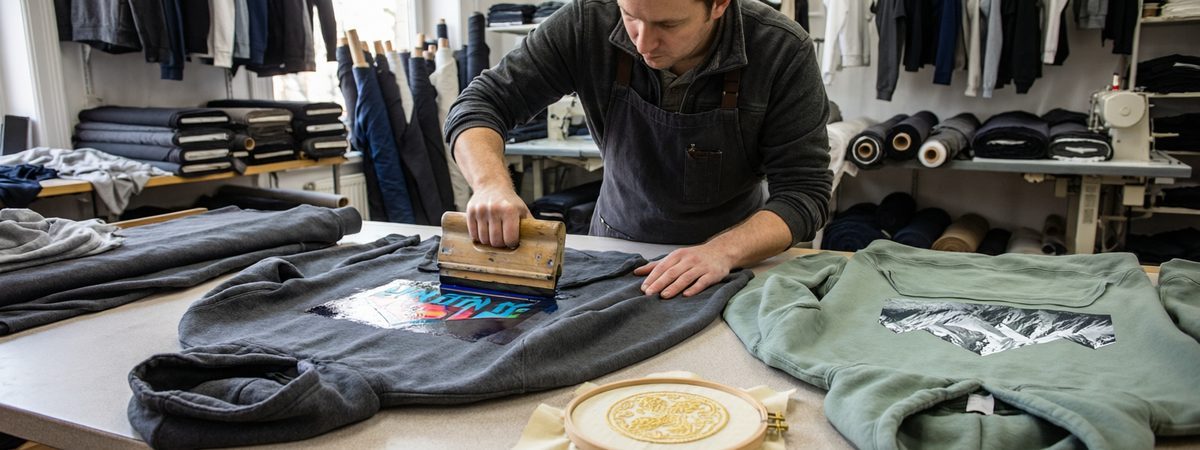 Caucasian European-American male decorator printing a chest logo on a heavyweight fleece hoodie with a screen-printing squeegee, a French terry hoodie with a crisp DTG print beside it and an embroidery hoop with a finished patch nearby