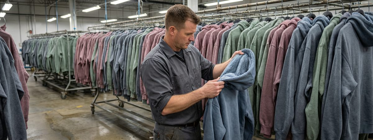 Caucasian European-American male quality controller holding a washed enzyme-treated heavyweight hoodie after tumble drying and checking the plush brushed interior hand-feel, rows of garment-dyed hoodies in muted tones hanging behind
