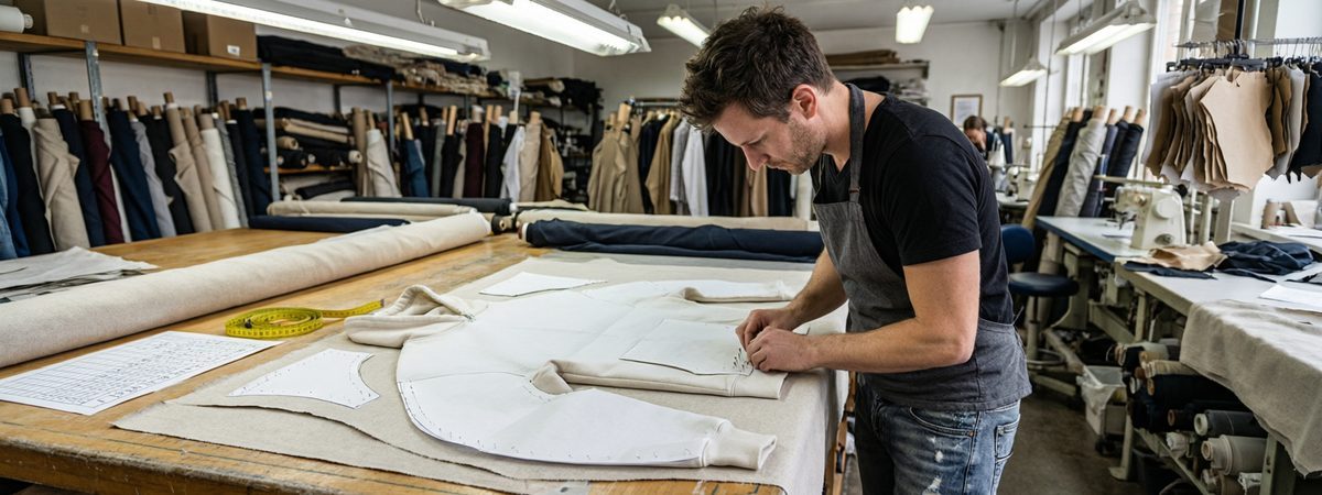Caucasian European-American male pattern maker pinning a boxy oversized hoodie pattern with drop-shoulder seams on a cutting table with a graded size chart and measuring tape