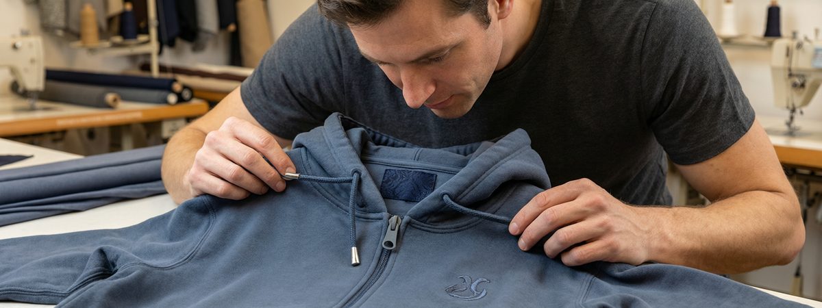 Caucasian European-American male designer inspecting premium hoodie details: a metal aglet drawcord, a woven damask neck label, a YKK zipper pull and a tone-on-tone embroidered chest logo on a heavyweight hoodie