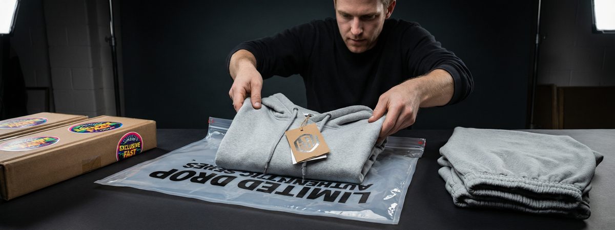Caucasian European-American male brand owner packing a retail-ready hoodie drop into printed polybags with branded hang tags and folded matching sweatpants on the table, boxes with limited drop stickers nearby