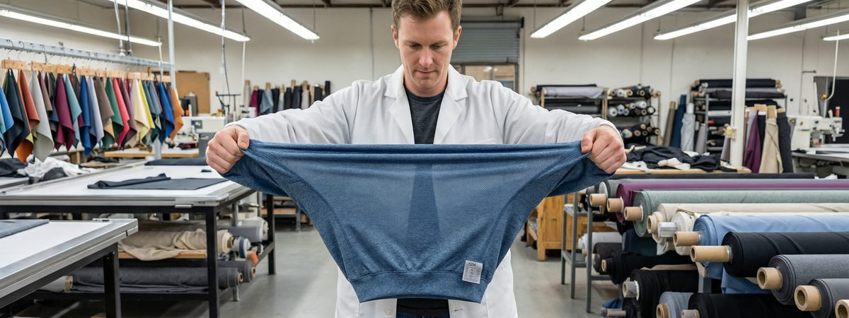 Caucasian European-American male product developer stretching a moisture-wicking polyester-spandex hoodie knit between his hands to show four-way stretch and breathability with a GSM weight tag visible