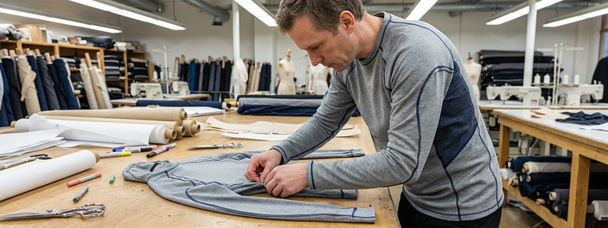 Caucasian European-American male pattern technician fitting a raglan sleeve with an underarm gusset on a performance hoodie sample with flatlock seams and athletic tapered side panels visible