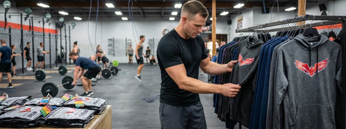 Caucasian European-American male coach reviewing a rack of branded performance hoodies with sublimated chest logos in a CrossFit gym retail corner with printed polybags and hang tags on the counter