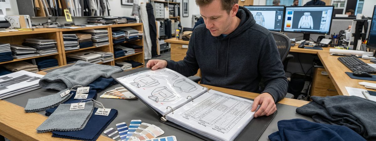 Caucasian European-American male apparel developer reviewing a hoodie tech pack binder with flat sketches, a measurement spec table, fabric swatches with GSM tags and Pantone color chips on the desk