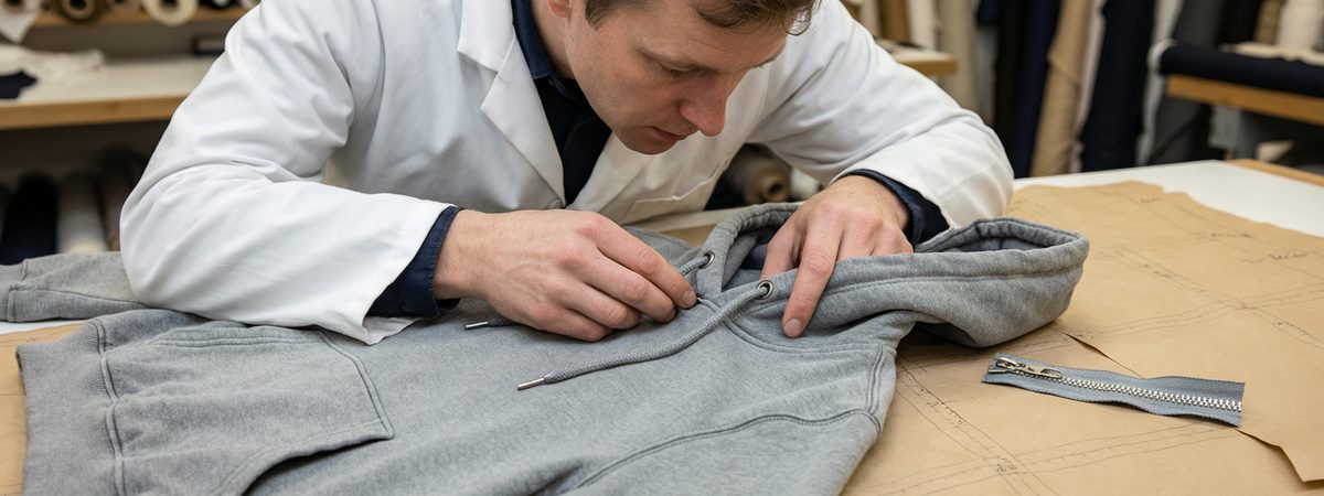 Caucasian European-American male sample room technician inspecting a hoodie's double-layer hood with drawcord and matte nickel eyelets, a kangaroo pocket and 1x1 rib cuffs with a YKK zipper pull nearby