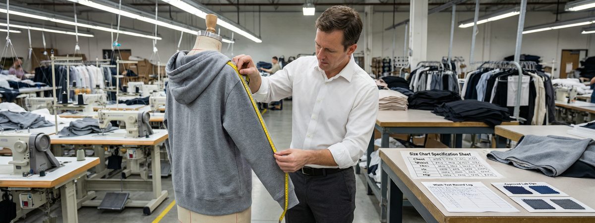Caucasian European-American male quality controller measuring a pre-production hoodie sample against a size chart on a fit mannequin with a measuring tape and a wash-test record sheet on the table