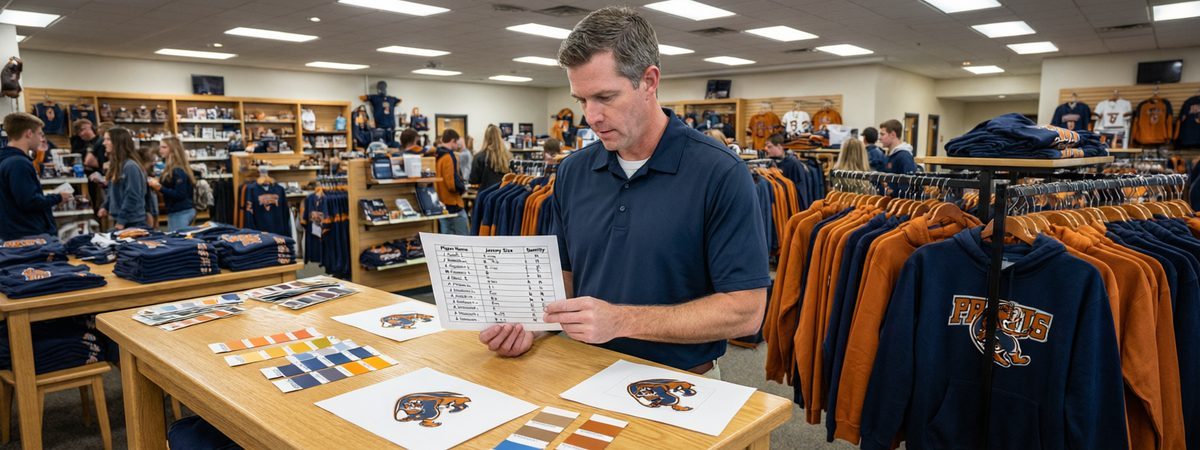 Caucasian European-American male athletic director reviewing a roster spreadsheet with names and size runs next to a rack of team hoodies in matching school colors with Pantone color chips and vector logo artwork on the table