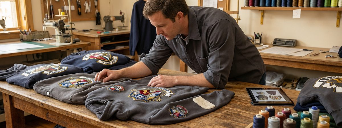 Caucasian European-American male decorator reviewing embroidered college crests, screen-printed back graphics and a chenille varsity patch on team hoodies with thread color spools and a digital mockup proof nearby