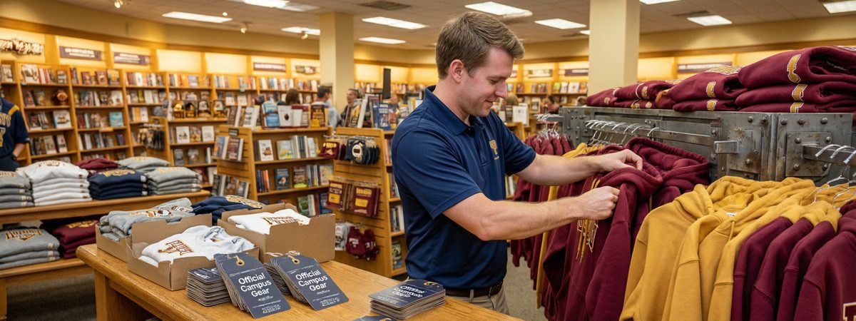 Caucasian European-American male campus store manager stocking branded college hoodies on a retail fixture in a university bookstore with private-label hang tags and boxes of alumni reunion apparel on the counter