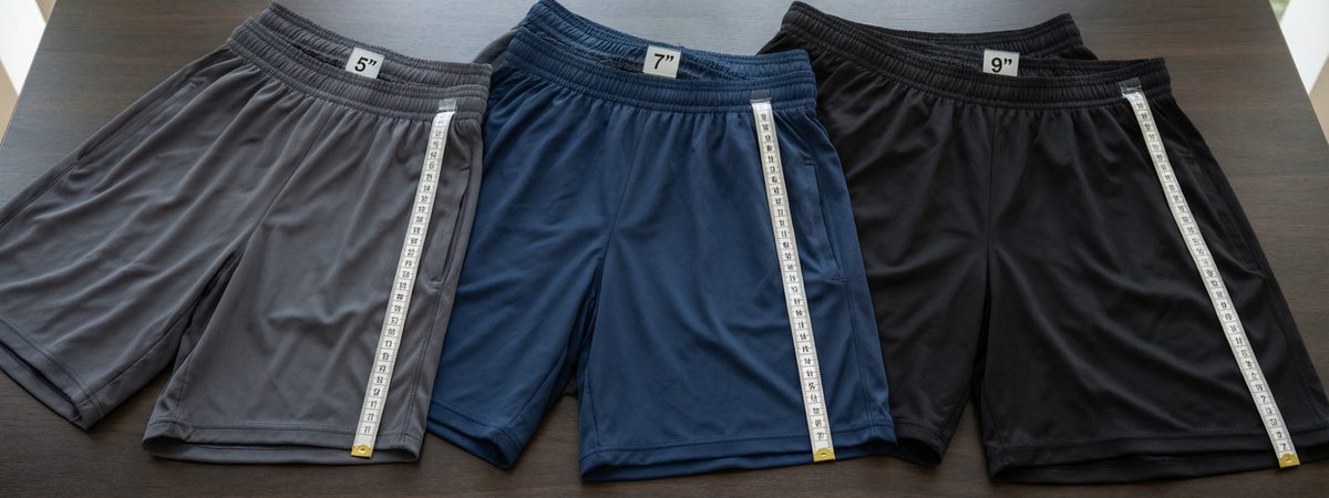 Three pairs of performance gym shorts laid side by side showing 5, 7 and 9 inch inseam lengths with a measuring tape along the inner leg seam and spec tags