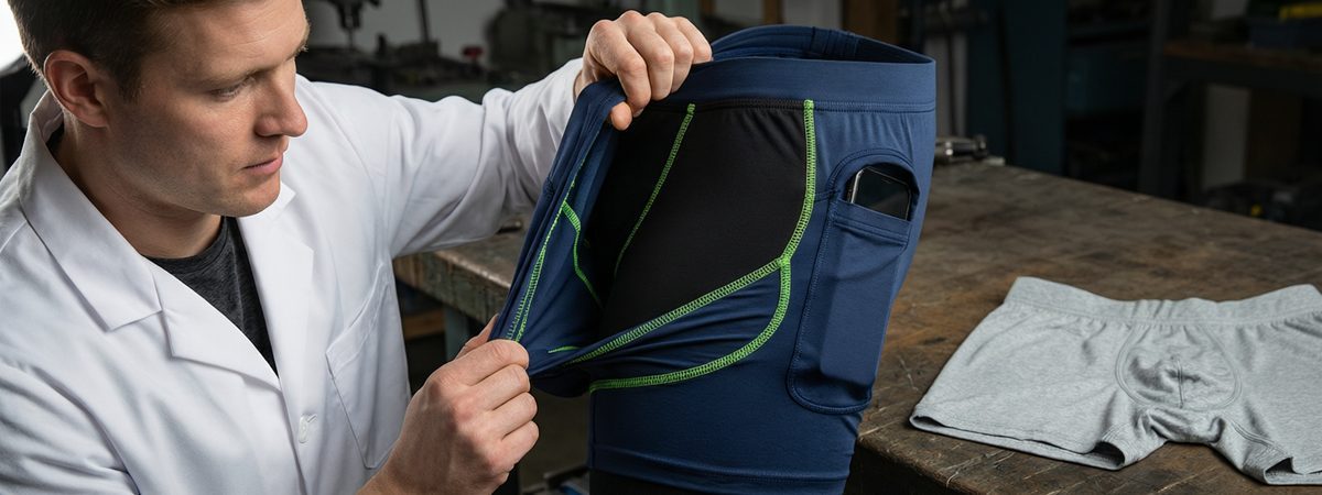 Caucasian European-American male product developer pulling back the outer shell of a 2-in-1 gym short to reveal the built-in compression liner with flatlock seams and a side phone pocket, with a brief liner sample beside it