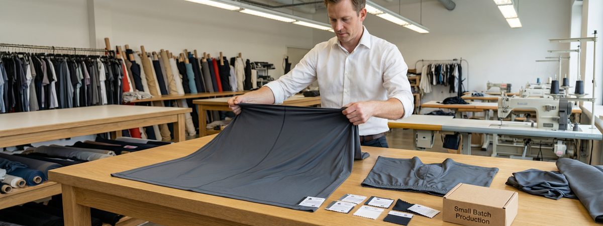 Caucasian European-American male brand owner stretching a polyester-spandex four-way stretch gym short fabric to check opacity and recovery with a gusseted crotch panel sample and small-batch packing box on the table
