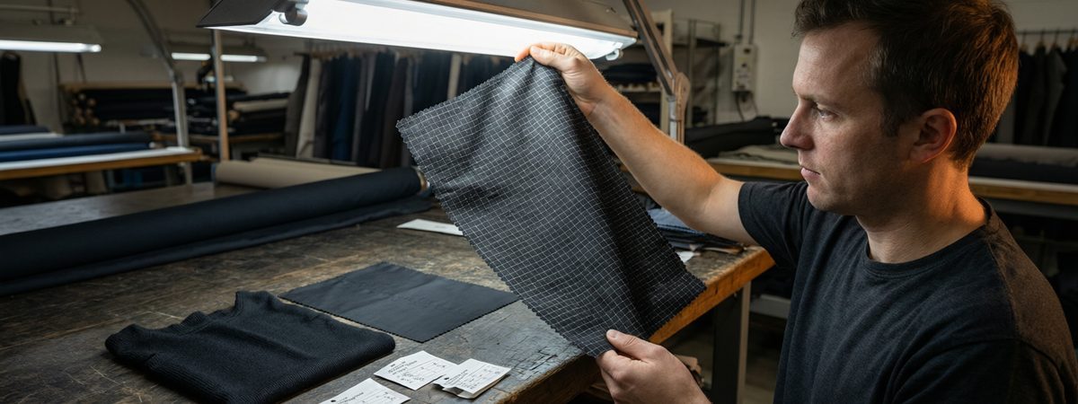 Caucasian European-American male fabric developer holding lightweight black ripstop woven fabric up to a studio light to show the reinforcing grid pattern, with a knit liner swatch and plain woven swatch beside it